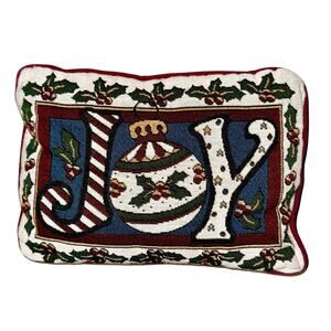Christmas JOY Tapestry Throw Pillow Holly Berry Red Back Holiday Decor 11" x 8"